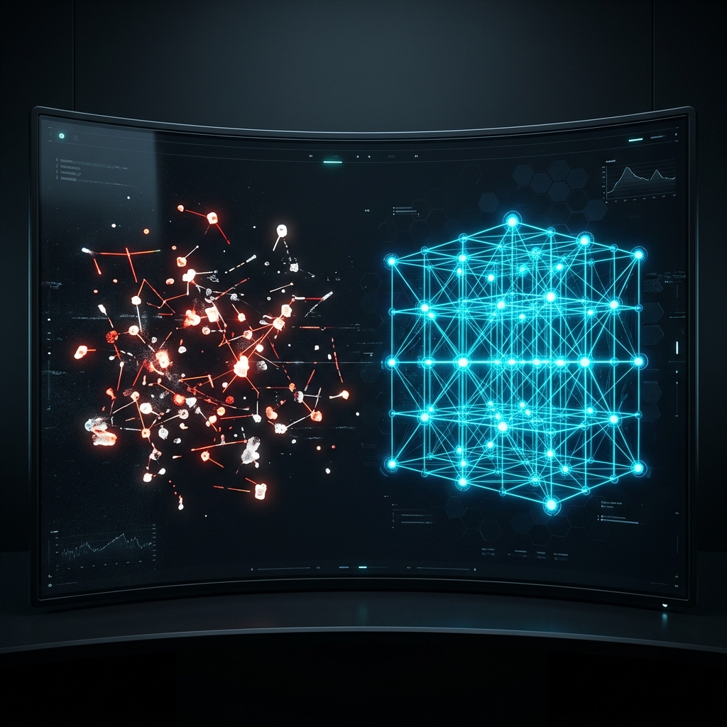 Technical visualization comparing isolated software versus integrated operational architecture.